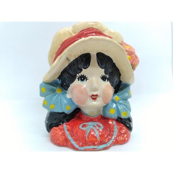 Two Vtg Enesco Japan Set of Strawberry Shortcake style Girls Head Planter vases - Picture 6 of 16